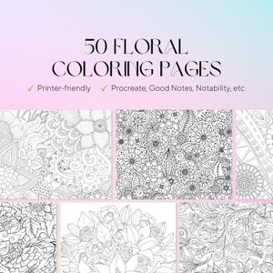 May include: 50 black and white floral colouring pages. These printable pages are perfect for adults and children who enjoy colouring. The pages are designed for use with digital apps such as Procreate, Good Notes, Notability, and more.