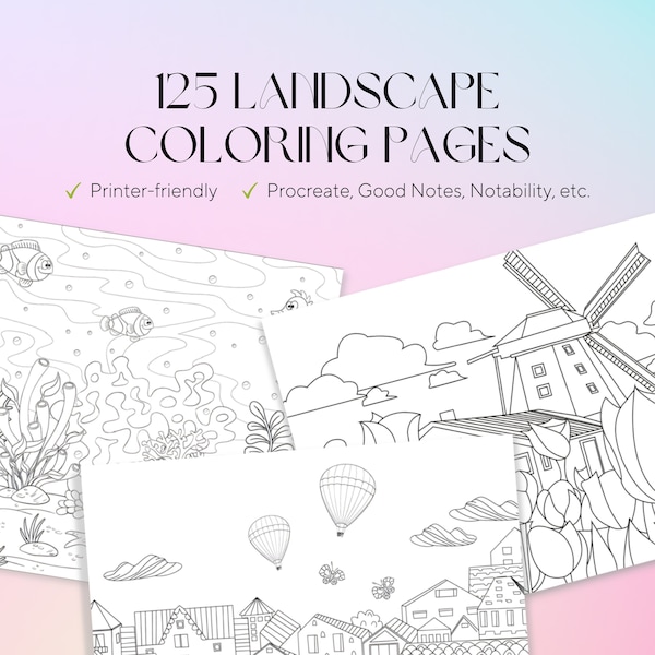 125 Landscape Coloring Pages - Adult Coloring Pages - Stress Relieve - Art Therapy