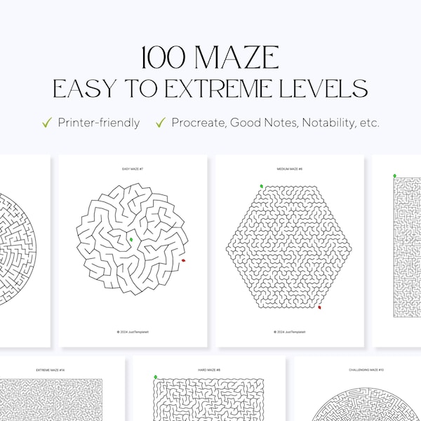 100 Maze Easy, Medium, Hard, Challenging, Extreme Levels - Adult/Kids Worksheet Activity Pages - Brain Teaser - Family Puzzle Playtime