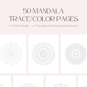 Könnte beinhalten: Ein Set mit 50 druckbaren Mandalas zum Ausmalen. Die Seiten sind druckfreundlich und können auch mit digitalen Zeichenanwendungen wie Procreate, Good Notes und Notability verwendet werden.