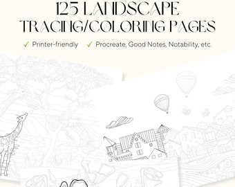 125 Landscape Tracing/Coloring Pages - Adult Coloring Pages - Stress Relieve - Art Therapy