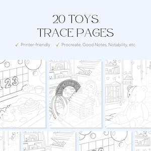 Op de afbeelding: Een digitale collectie getiteld 20 TOYS TRACE PAGES met printervriendelijke lijntekeningen voor Procreate, Good Notes en Notability. De pagina's tonen zwart-witillustraties van speelgoed, waaronder een badeendje, een bootje en een teddybeer.