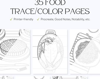 35 Food Trace & Color Pages – Relaxing Designs, Art Therapy (PDF)