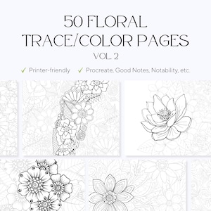 May include: A set of 50 printable floral colouring pages, ideal for adults and children. The pages feature intricate designs of flowers and leaves, perfect for tracing and colouring. The pages are printer-friendly and can be used with a variety of art supplies.