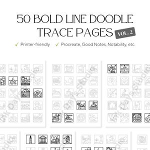 Peut inclure: Une collection de 50 pages de traçage de gribouillis en ligne audacieuse, volume 2, avec diverses illustrations en noir et blanc. Le texte comprend "Imprimable" et "Procreate, Good Notes, Notability, etc."