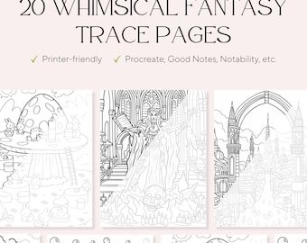 20 Whimsical Fantasy Trace & Color Pages – Adult Stress Relief Designs (PDF)