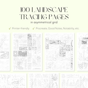 Puede incluir: Un conjunto de 100 páginas de trazado de paisajes en una cuadrícula asimétrica. Las páginas presentan varios diseños de paisajes, incluyendo casas, árboles y montañas. El texto de la imagen dice "Imprimible" y "Procreate, Good Notes, Notability, etc."