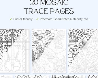 20 Mosaic Stained Glass Trace & Color Pages – Stress Relief Designs (PDF)