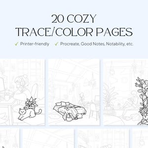 May include: A digital product with the text "20 COZY TRACE/COLOR PAGES". The image shows line drawings of cozy rooms and people. The text also mentions "Printer-friendly" and compatibility with digital apps like Procreate.