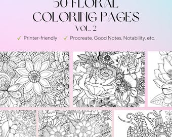 50 Floral Coloring Pages Vol 2 - Adult Coloring Pages - Stress Relieve - Art Therapy