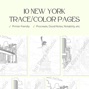 May include: A set of 10 New York trace and colour pages. The pages feature line drawings of iconic New York landmarks, including the Statue of Liberty and the Brooklyn Bridge. The text reads "10 New York Trace/Color Pages".