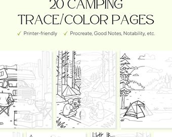 20 Camping Trace & Color Pages – Art Therapy, Stress Relief (PDF)