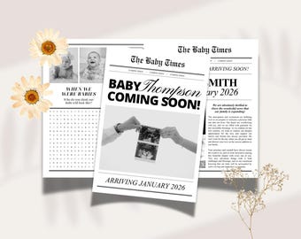 Pregnancy Announcement Newspaper (Canva Template) – Printable Invitation, Customizable