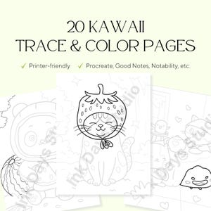 May include: A collection of colouring pages with the text "20 KAWAII TRACE & COLOR PAGES". The pages showcase line art of adorable characters, including a cat in a strawberry outfit and a panda. The text also says "Printer-friendly" and "Procreate, Good Notes, Notability, etc."