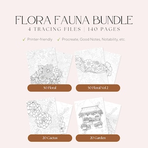 May include: A bundle of four tracing files titled "FLORA FAUNA BUNDLE" with 140 pages. The files include floral, cactus, and garden designs, suitable for printing or use with digital note-taking apps. The text includes "Printer-friendly" and "Procreate, Good Notes, Notability, etc."