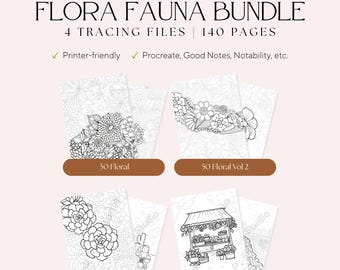 Flora Fauna Bundle – 4 Trace & Color Files, 140 Pages – Adult Stress Relief Designs (PDF)