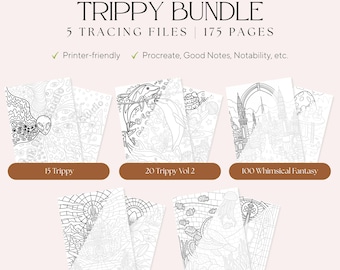 Trippy Bundle – 5 Trace & Color Files, 175 Pages – Adult Stress Relief Designs (PDF)