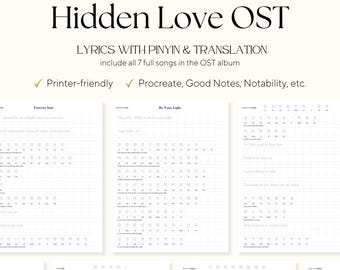 Hidden Love CDrama OST Lyrics Hanzi Calligraphy Practice Sheet with Pinyin & English Translation - All 7 Songs Included - Stress Relief