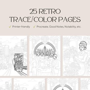 Könnte beinhalten: Eine Sammlung von 25 Retro-Mal- und Ausmalseiten. Das Bild zeigt Schwarz-Weiß-Strichzeichnungen von Stadtlandschaften, Menschen und einem Blumenladen. Der Text enthält "25 RETRO TRACE/COLOR PAGES" und "Printer-friendly".