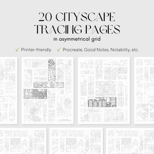 Könnte beinhalten: Eine Sammlung von 20 Stadtlandschaft-Tracing-Seiten in einem asymmetrischen Raster. Die Seiten sind druckerfreundlich und kompatibel mit Procreate, Good Notes und Notability. Sie zeigen detaillierte Strichzeichnungen von Stadtlandschaften.