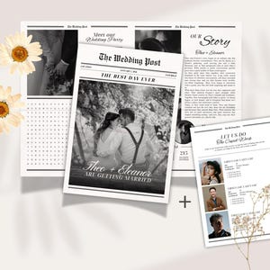 Programa de casamento em formato de jornal com lista de convidados solteiros (modelo em Canva) – Convite imprimível e personalizável