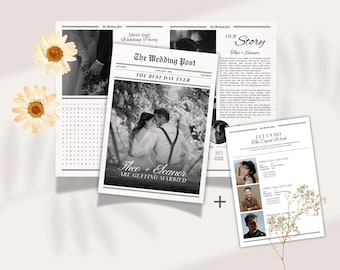 Wedding Program Newspaper with Single Guests List (Canva Template) – Printable Invitation, Customizable