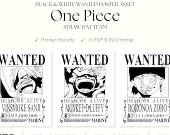 One Piece Wanted Poster Black & White Assets in PDF, PNG, SVG - Print-on-demand - T-shirt, Poster, Mug, Printables - Straw Hat Pirates Team