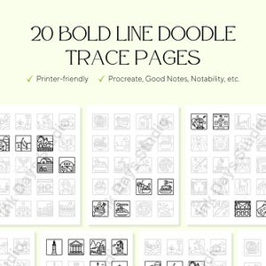 May include: A digital product with the text "20 BOLD LINE DOODLE TRACE PAGES". The image displays a collection of black and white doodle illustrations, including food, farming, and music-themed drawings. The text also mentions "Printer-friendly" and compatibility with digital note-taking apps.