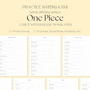 May include: A cream-colored digital download featuring practice sheets for writing Kanji. The text reads "Practice Writing Kanji" and "One Piece Lyrics with Romaji & Translation." Includes "Printer-friendly" and "Procreate, Good Notes, Notability, etc." options.
