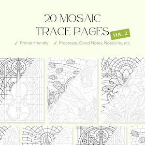 20 pages colorées et tracées pour vitrail en mosaïque, vol. 2 – Motifs anti-stress (PDF)