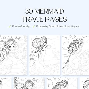 May include: A digital collection of 30 mermaid trace pages featuring black and white line art illustrations of mermaids in underwater settings. The text reads 30 MERMAID TRACE PAGES and Printer-friendly Procreate, Good Notes, Notability, etc.