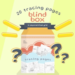 May include: A light yellow background with a box labeled "blind box" containing "tracing pages." The box has a banner that reads "in asymmetrical grid." The image includes question marks and the text "20 tracing pages."