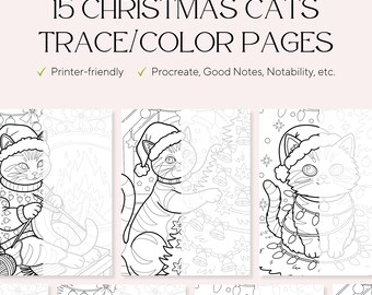 15 Christmas Cats Trace & Color Pages – Stress Relief, Art Therapy (PDF)
