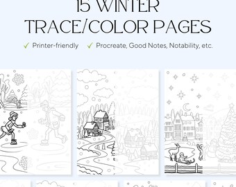15 Winter Wonderland Trace & Color Pages – Stress Relief, Art Therapy (PDF)