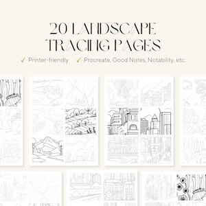Puede incluir: Una colección de 20 páginas de trazado de paisajes. Las páginas presentan varios dibujos lineales en blanco y negro de paisajes, incluyendo montañas, árboles y edificios. El texto en la parte superior dice "20 LANDSCAPE TRACING PAGES". El texto también incluye "Printer-friendly" y "Procreate, Good Notes, Notability, etc."