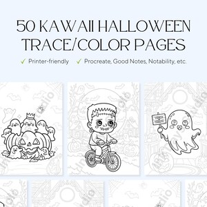 Puede incluir: Páginas de arte lineal en blanco y negro para colorear y trazar de Halloween. El texto dice "50 Kawaii Halloween Trace/Color Pages". Incluye imágenes de calabazas, fantasmas y un personaje de Frankenstein en bicicleta. Las páginas son aptas para imprimir y compatibles con aplicaciones digitales.