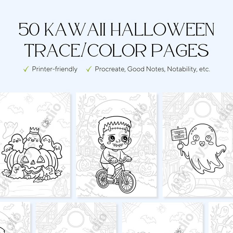 50 Kawaii Halloween Tracing Pages - Cute Coloring (PDF) - Etsy