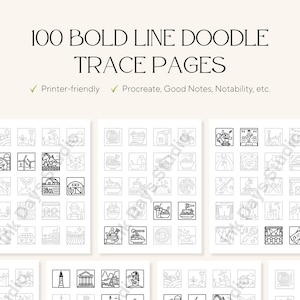 Peut inclure: Une collection de 100 pages de traçage de gribouillis en ligne audacieuse. Les pages présentent diverses illustrations en noir et blanc, notamment des aliments, des instruments de musique et des scènes agricoles. Le texte en haut indique "100 Bold Line Doodle Trace Pages."