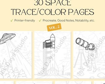 30 Space Trace & Color Pages – Stress Relief, Art Therapy (PDF)