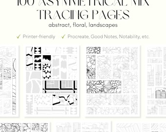 100 Mix Tracing Pages – Asymmetrical Grid – Floral, Abstract, Landscape – Stress Relief, Art Therapy (PDF)