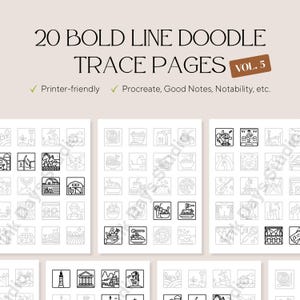 Peut inclure: Ensemble de 20 pages de traçage de gribouillis en trait gras, volume 5, avec diverses illustrations en noir et blanc. Les pages sont imprimables et compatibles avec Procreate, Good Notes et Notability. L'image présente divers dessins simples.