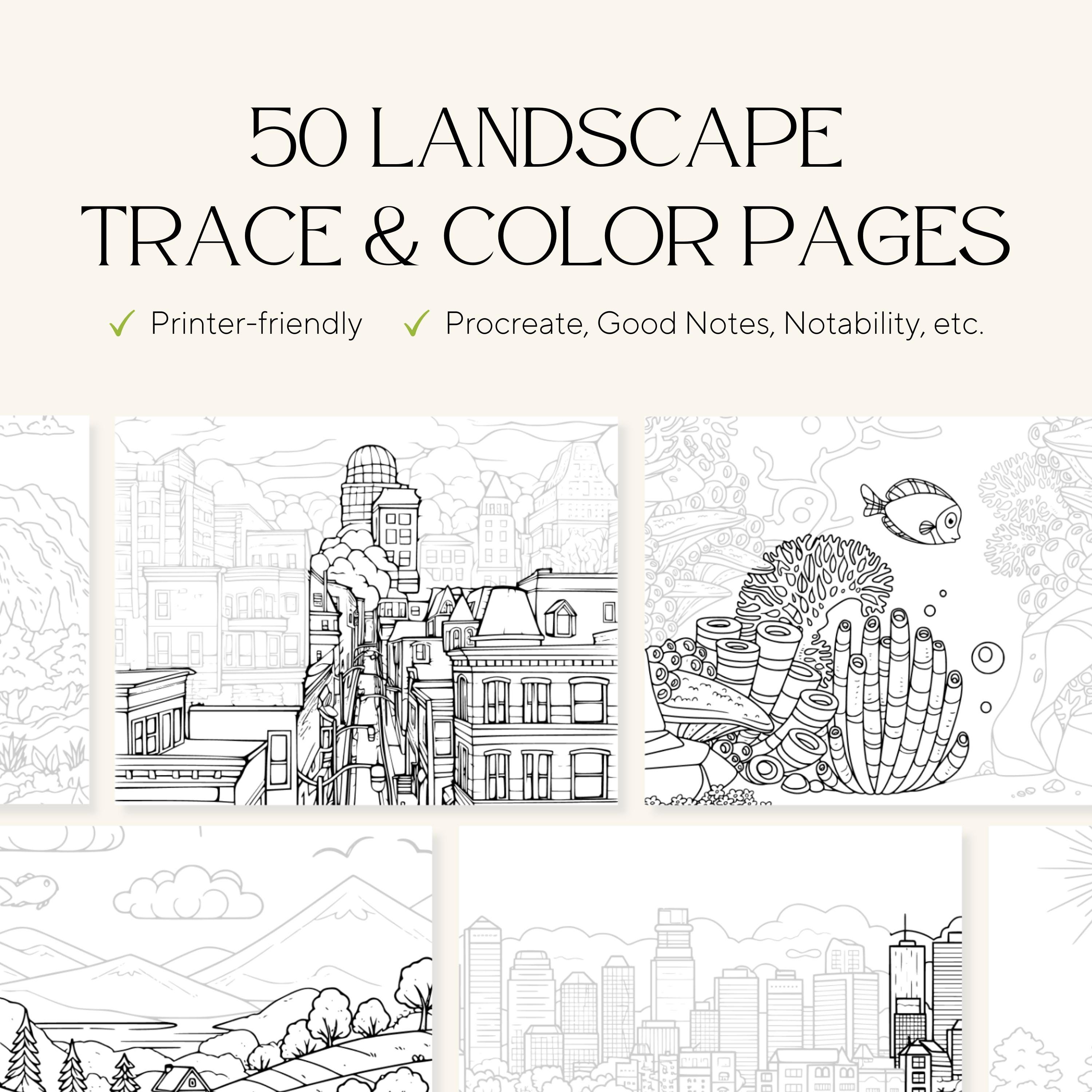 50 Landscape Tracing & Coloring Pages - Adult Coloring Pages - Stress Relieve - Art Therapy
