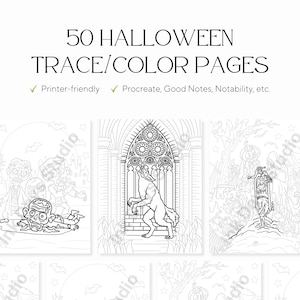 May include: An image showcasing 50 Halloween trace and colour pages. The illustrations are in black and white and depict Halloween scenes such as zombies, a wolf, and tombstones. The text reads "50 Halloween Trace/Color Pages."
