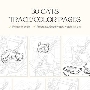May include: A set of 30 cat-themed trace and colour pages. The pages feature line drawings of cats in various poses, including sleeping on a record player and sitting on a bookshelf. The text indicates the pages are printer-friendly and compatible with digital art apps.