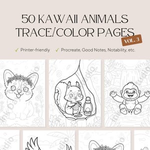 Op de afbeelding: Omslag van een digitaal kleurboek met de tekst "50 Kawaii Animals Trace/Color Pages Vol. 3". De afbeelding toont verschillende zwart-wit lijntekeningen van schattige dieren, waaronder een corgi, een eekhoorn en een aap. Het boek is printvriendelijk.