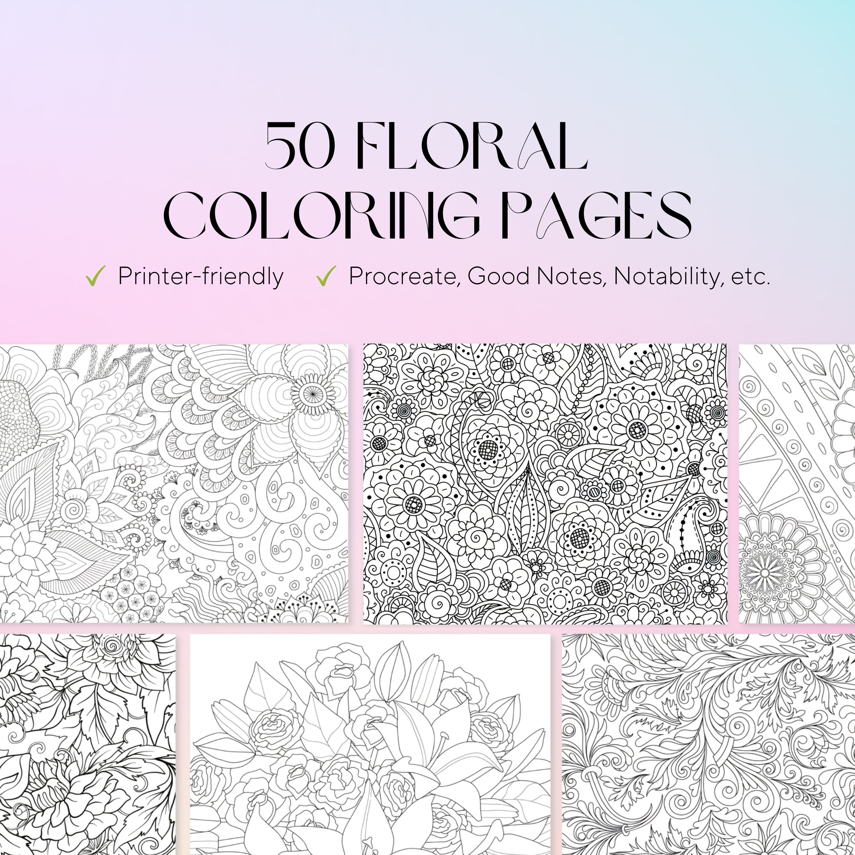 50 páginas de colorear florales para adultos – Set imprimible de relajación y arteterapia