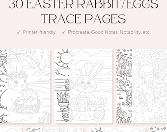 30 Easter Rabbit / Eggs Trace & Color Pages – Stress Relief, Art Therapy (PDF)