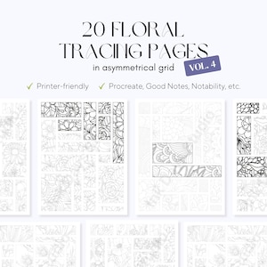 May include: A set of 20 floral tracing pages in an asymmetrical grid. The pages are printer-friendly and compatible with Procreate, Good Notes, and Notability. The cover reads "20 Floral Tracing Pages Vol. 4."