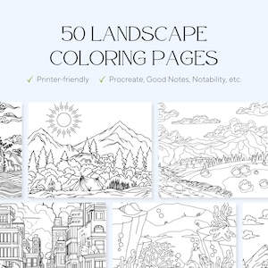 May include: A set of 50 black and white landscape colouring pages. The pages feature a variety of scenes, including mountains, forests, cities, and underwater scenes. The text "50 LANDSCAPE COLOURING PAGES" is at the top of the image. The text "Printer-friendly" and "Procreate, Good Notes, Notability, etc." is below the title.