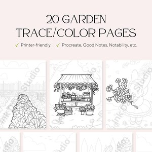 May include: A set of 20 garden-themed trace and colour pages. The illustrations are line drawings of garden scenes, such as a flower stall and a rabbit with flowers. The text reads "20 GARDEN TRACE/COLOR PAGES".
